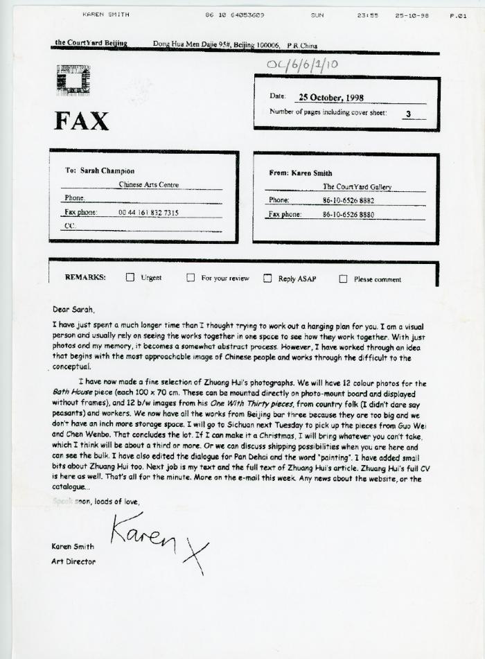 Fax re. the 'Representing the People' exhibition